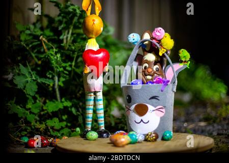 Eindhoven, Netherlands. 09th Apr, 2020. EIDHOVEN, 09-04-2020, Easter bunny with Easter chocolate eggs on Maundy Thursday. Credit: Pro Shots/Alamy Live News Stock Photo