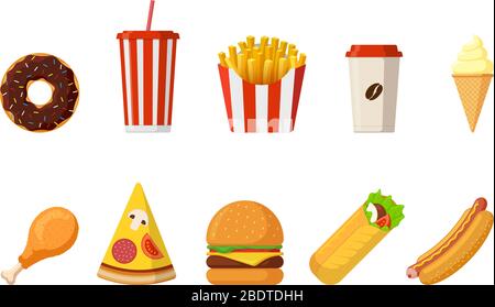 Fast sreet food lunch or breakfast meal set. Cheeseburger, french fries, fried crispy chicken leg, glazed donut, soft soda, coffee cup, ice cream, hot dog, pizza and doner kebab. Vector illustration Stock Vector
