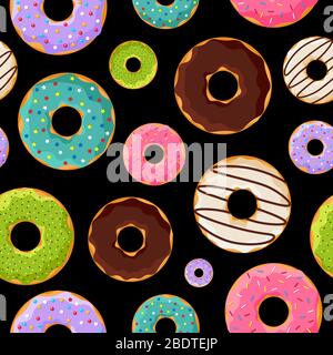 Cute colorful glazed sweet donuts seamless pattern on black background. Vector doughnut bakery food flat eps illustration Stock Vector