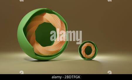 Abstract skin-colored geometrical shape encased in a broken green sphere, suitable for wallpaper, background, backdrop Stock Photo