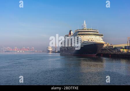 The Queen Victoria cruise ship one of Cunard's flagship liner docked at Southampton City Cruise Terminal Berth 101 during the Coronavirus lockdown unable to be in operation due to the ongoing Covid-19 pandemic in 2020, Southampton, England, UK Stock Photo