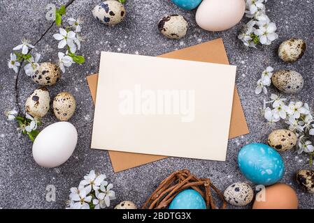 Easter eggs and empty card Stock Photo