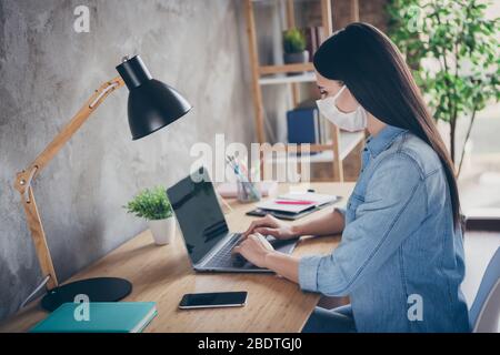Profile side view portrait of her she nice attractive focused busy brunette girl professional copywriter designer financier using laptop working in Stock Photo