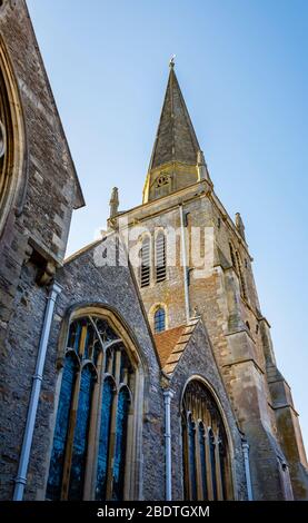 View of St Helen's Church looking up to its spire, Abingdon-on-Thames, Oxfordshire, south-east England, UK seen in soft late afternoon light