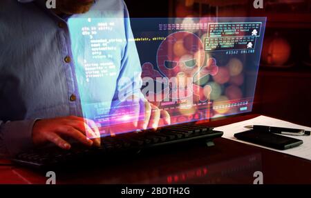 Hacker typing on the keyboard and breaks computer security on virtual hologram screen on desk. Cyber attack, cybercrime, piracy, digital safety and id Stock Photo