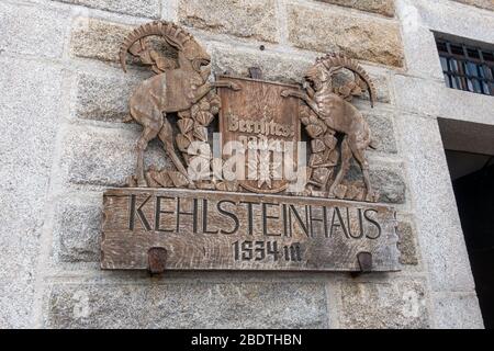 Wooden 'Kehlsteinhaus-Berchtesgaden 1834m' shield on Eagle's Nest, Berchtesgaden, Bavaria, Germany. Stock Photo