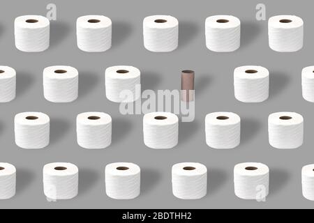 Toilet paper rolls with and empty roll, toilet roll holder on a grey background Stock Photo