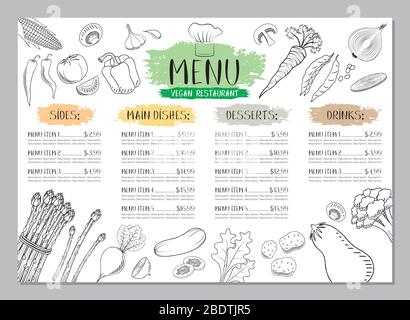 Vegan restaurant menu template - A4 card (vegetables drawings) Stock Vector