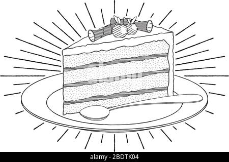 Cake/ dessert on plate, spoon - black and white illustration/ drawing Stock Vector