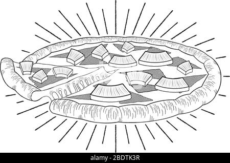 Hawaiian pizza (pineapple, ham) - black and white illustration/ drawing ...