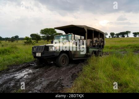 safari jeep stuck in mud during rainy season Stock Photo