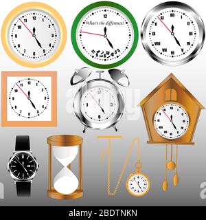 Set of clocks and watches - alarm, cuckoo, wristwatch, hourglass,metal wall clock,watch on a chain,square wall clock. Stock Vector