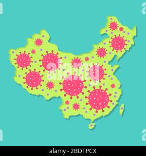 Map of China with virus. Coronavirus epidemic in chinese country. Conceptual. Stock Vector