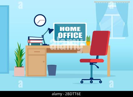 Vector of a modern home office interior with desktop and chair Stock Vector