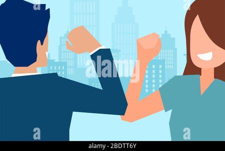 Vector of a man and woman doing elbow bump, new type of greeting to avoid the spread of coronavirus. Stock Vector