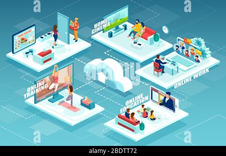 Vector of people men and women staying at home working online, watching TV, ordering food via app, being trained distantly Stock Vector