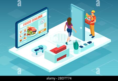 Grocery shopping online concept. Vector of a delivery man with a groceries box at the door of a customer completing online food order Stock Vector