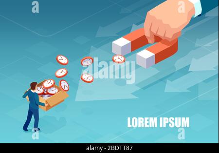 Time is running out concept. Vector of a big business with magnet attracting time value of a small entrepreneur Stock Vector