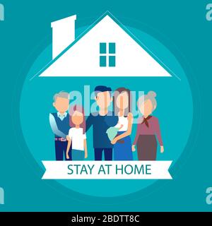 Social media campaign and coronavirus prevention concept. Vector of a family staying together at home Stock Vector