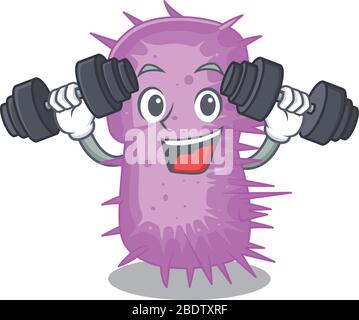 Mascot design of smiling Fitness exercise acinetobacter baumannii lift up barbells Stock Vector