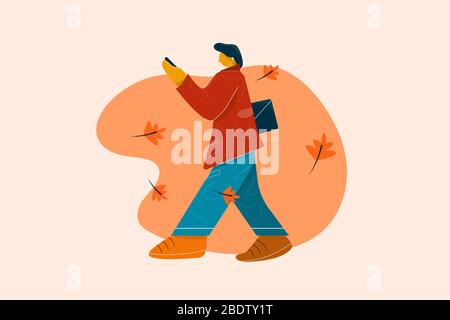 Man in red coat and blue trousers or jeans walking and listening to music with his mobile phone. Stock Vector