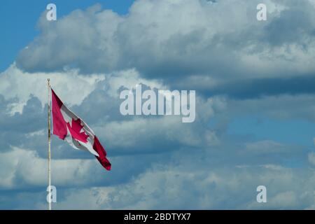 Canadian flag floating on a cloudy day. Plenty of dead space for text Stock Photo