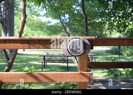 Handicapped button to trigger automatic opening. Park accommodation for people with disability. Wheelchair accessible nature spot. Stock Photo