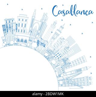 Outline Casablanca Morocco City Skyline with Blue Buildings and Copy Space. Vector Illustration. Business Travel and Concept. Stock Vector