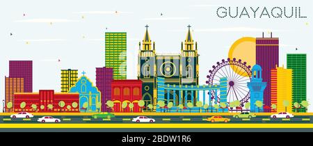 Guayaquil Ecuador City Skyline with Color Buildings and Blue Sky. Vector Illustration. Business Travel and Tourism Concept with Historic Architecture. Stock Vector