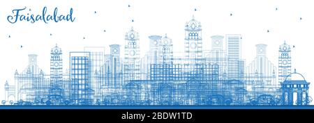 Outline Faisalabad Pakistan City Skyline with Blue Buildings. Vector Illustration. Business Travel and Tourism Concept with Modern Architecture. Stock Vector