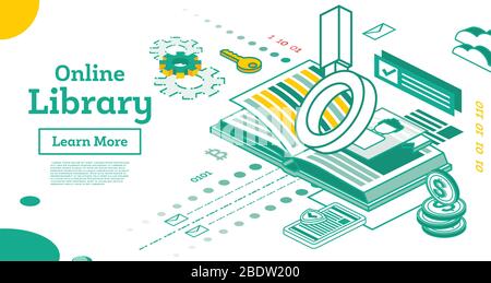 Online Library Outline Isometric Education Concept. Vector Illustration. Open Book with Loupe isolated on White. Stock Vector