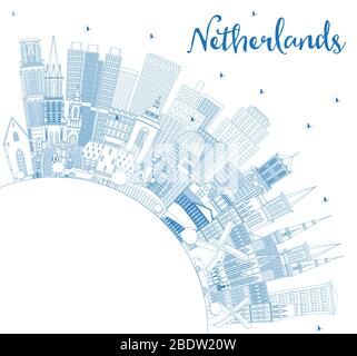 Outline Netherlands Skyline with Blue Buildings and Copy Space. Vector Illustration. Tourism Concept with Historic Architecture. Stock Vector