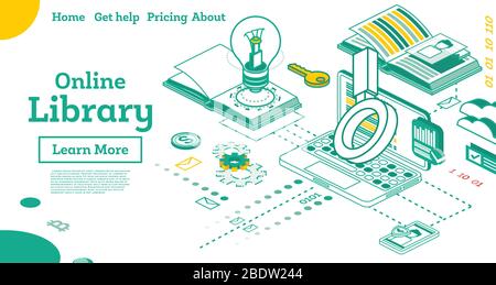 Online Library Outline Isometric Education Concept. Vector Illustration. Open Book with Lamp and Notebook with Loupe isolated on White. Stock Vector