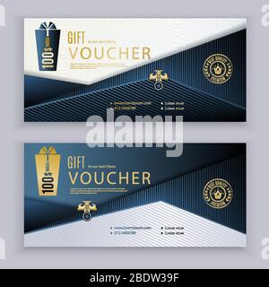 Vector gift triangle voucher template. Universal flyer for business. Dark blue gold clean design for department stores, business. Abstract background Stock Vector
