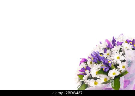 Bouquet of flowers from white chrysanthemums, chamomiles and violet irises, russus on a white isolated background, side view. Color, contrast. A holid Stock Photo