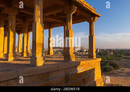 View to Jaisalmer Fort from Vyas Chhatri cenotaphs Sunset Point Rajasthan India Stock Photo