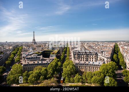 Beautiful Panoramic View of Paris with Eiffel Tower from the Roof of Triumphal Arch. Stock Photo