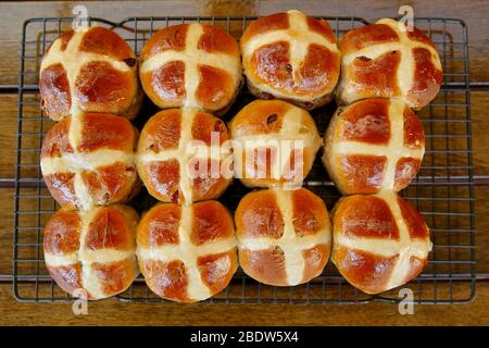 Homemade hot cross buns. Stock Photo