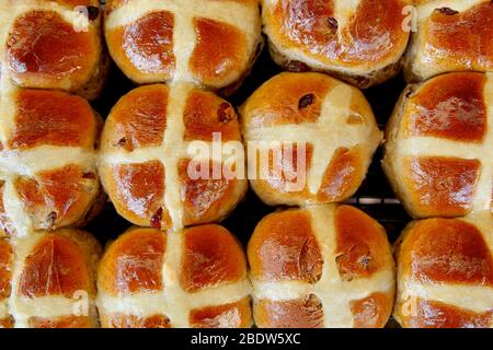 Homemade hot cross buns. Stock Photo