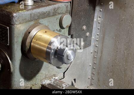 ER 40 collect holder adaptor screwed onto heavy duty lathe to enable repeatable accuracy on turning jobs where items can be repeatable held and turned Stock Photo