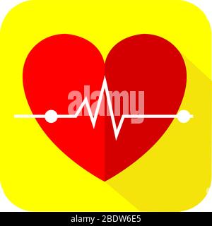 red Heart flat icon  logo with long shadow on yellow background. Vector. Stock Vector