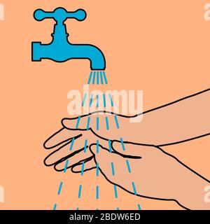 Realistic drawing human 2 hands with blue faucets and black outline on orange background.vector  illustration. Stock Vector