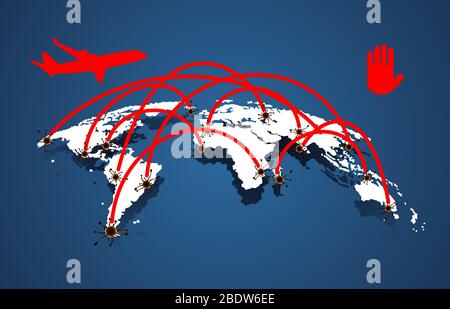 Distribution of Covid-19 corona virus .white  world map, Airplane line path vector icon of air plane flight route with red  line on blue background. Stock Vector
