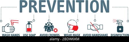 Prevention Concept. Safety, health, remedies and prevention of viral diseases with vector icons Stock Vector