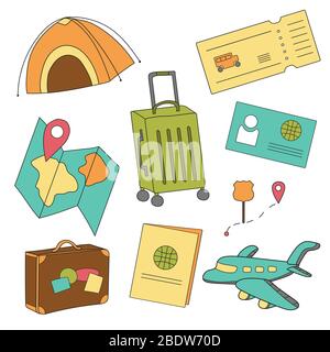 Rest and travel cartoon icons in set collection for design. Transport ...