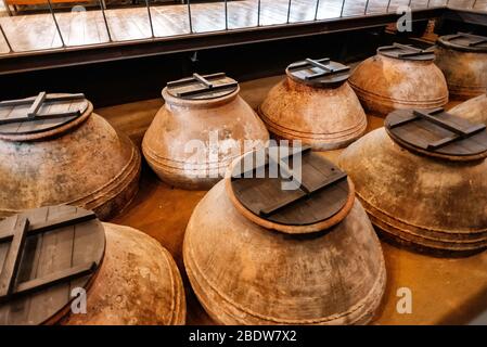 The making of extra virgin Olive Oil,  storage vintage ceramic pots, pitchers or amphoras, Lesbos, Greece Stock Photo
