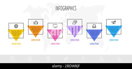 Horizontal business infographics with 6 elements with arrows. Vector flat template of six business options to choose from. Concept of modern design Stock Vector