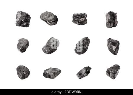 Black coal stones set on white background isolated close up, natural charcoal pieces collection, anthracite rock texture, raw coal mine nuggets, group Stock Photo