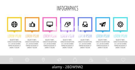 Vector flat infographics with 7 elements with arrows. Business template of seven parts, options, processes. Concept of modern design for diagram Stock Vector