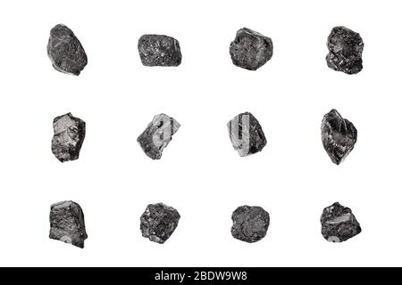 Black coal stones set on white background isolated close up, natural charcoal pieces collection, anthracite rock texture, raw coal mine nuggets, group Stock Photo